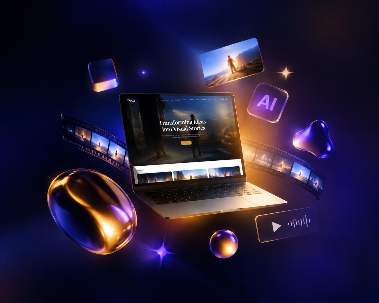 Creative digital studio visual with laptop, film and AI elements